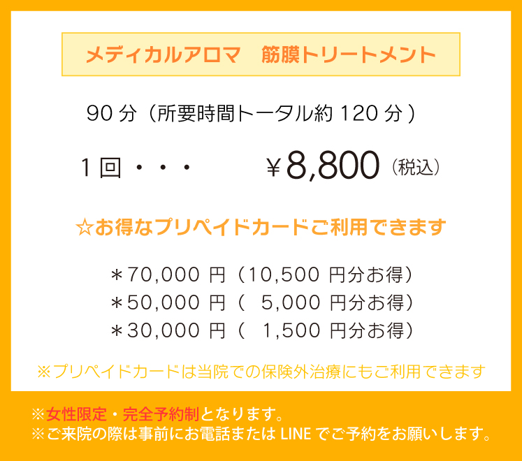 「メディカルアロマ　筋膜トリートメント（全身オイルマッサージ）」90分（所要時間トータル約120分)1回 ￥8,800（税込） ☆お得なプリペイドカードご利用できます。＊70,000 円（10,500 円分お得）＊50,000 円（5,000 円分お得）＊30,000 円（1,500 円分お得）※プリペイドカードは当院での保険外治療にもご利用できます。※女性限定・完全予約制となります。※ご来院の際は事前にお電話またはLINE でご予約をお願いします。