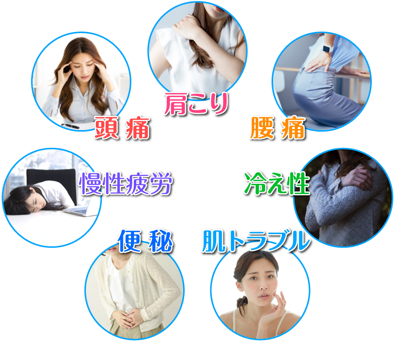 片頭痛・肩こり・腰痛・冷え性・肌トラブル・便秘・慢性疲労