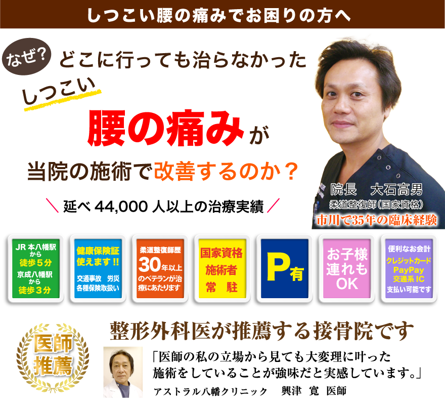 しつこい腰の痛みでお困りの方へ どこに行っても治らなかったしつこい腰の痛みが当院の施術で改善するのか?「延べ44,000人以上の治療実績」