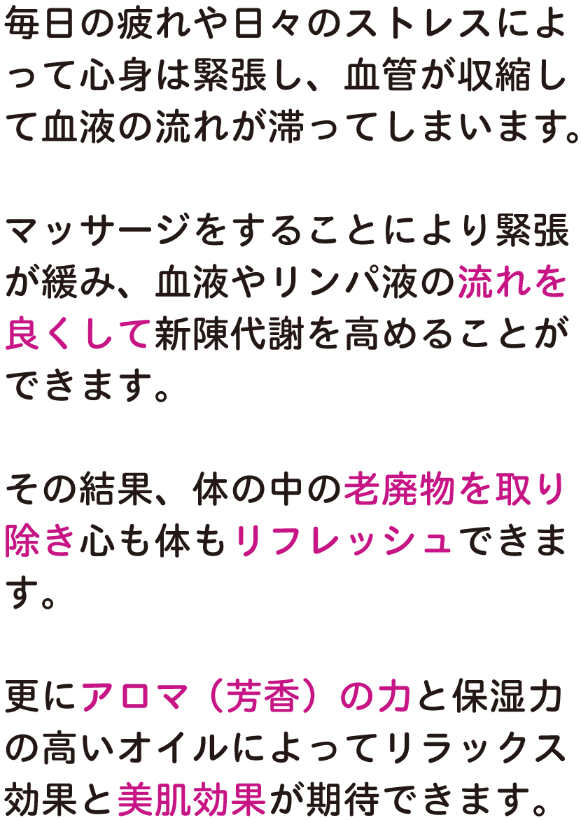 毎日の疲れや日々のストレスによって心身は緊張し、血管が収縮して血液の流れが滞ってしまいます。マッサージをすることにより緊張が緩み、血液やリンパ液の流れを良くして新陳代謝を高めることができます。その結果、体の中の老廃物を取り除き心も体もリフレッシュできます。更にアロマ（芳香）の力と保湿力の高いオイルによってリラックス効果と美肌効果が期待できます。